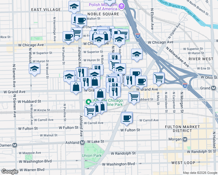 map of restaurants, bars, coffee shops, grocery stores, and more near 1417 West Ohio Street in Chicago