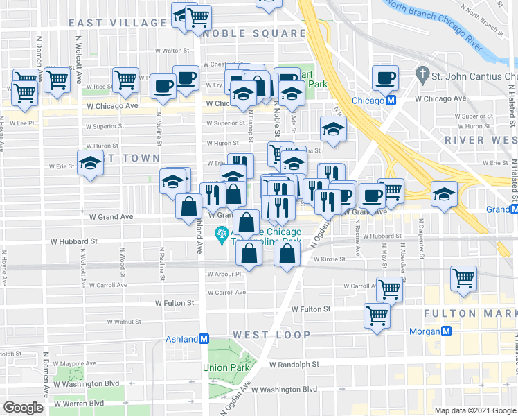 map of restaurants, bars, coffee shops, grocery stores, and more near 1417 West Ohio Street in Chicago
