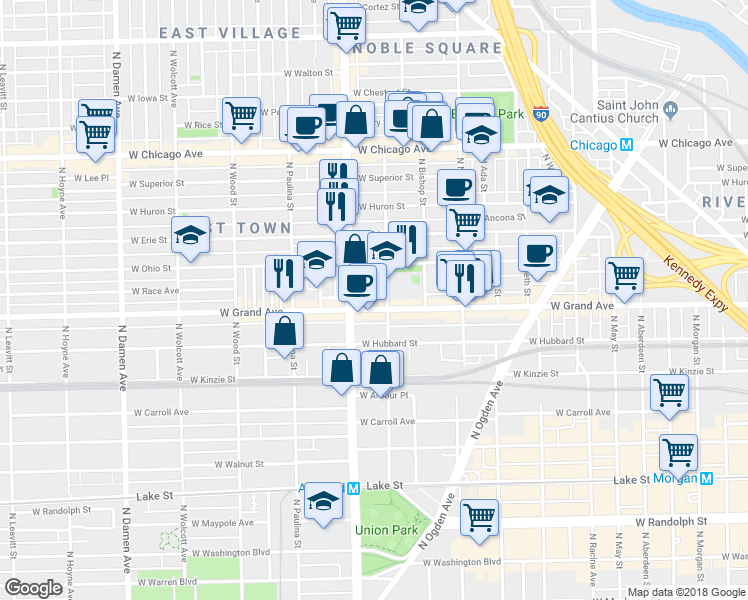 map of restaurants, bars, coffee shops, grocery stores, and more near 530 North Armour Street in Chicago