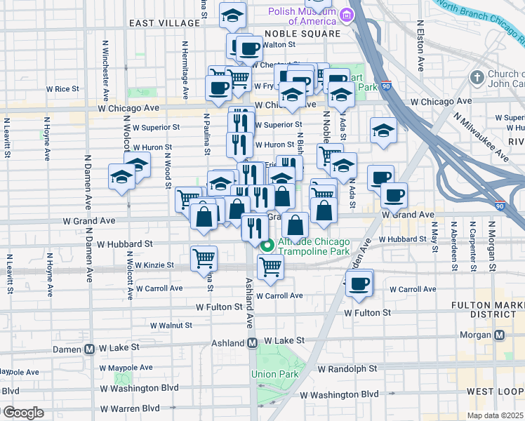 map of restaurants, bars, coffee shops, grocery stores, and more near 530 North Armour Street in Chicago