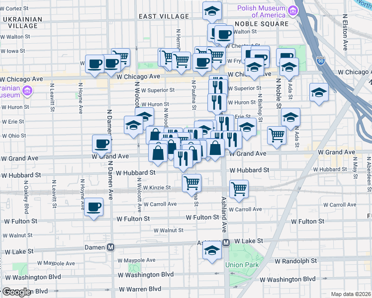map of restaurants, bars, coffee shops, grocery stores, and more near 534 North Hermitage Avenue in Chicago