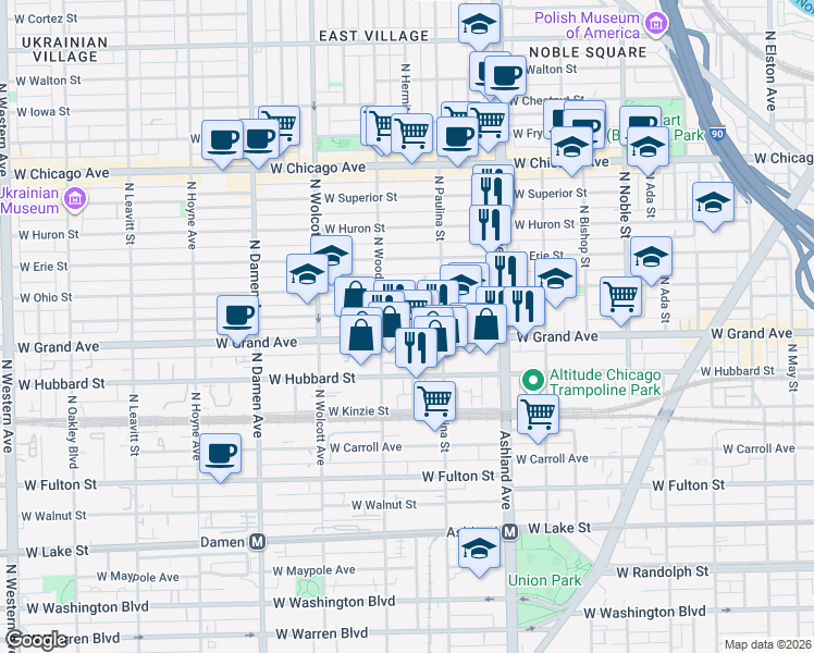 map of restaurants, bars, coffee shops, grocery stores, and more near 534 North Hermitage Avenue in Chicago