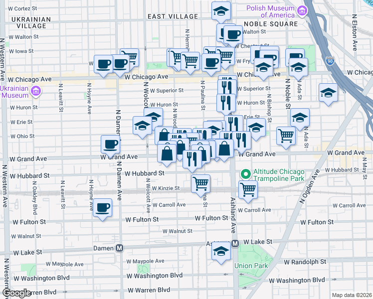 map of restaurants, bars, coffee shops, grocery stores, and more near 534 North Hermitage Avenue in Chicago