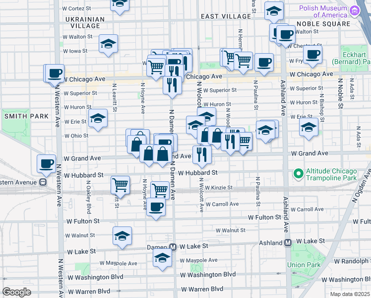 map of restaurants, bars, coffee shops, grocery stores, and more near 1953 West Ohio Street in Chicago