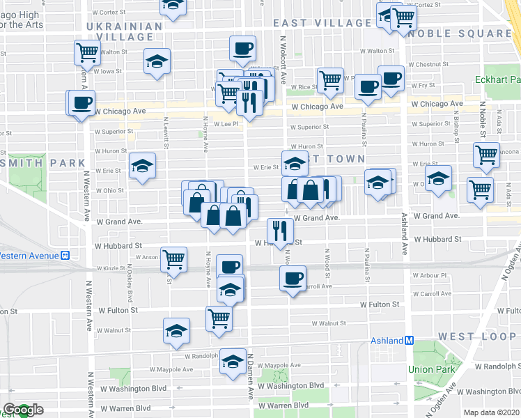 map of restaurants, bars, coffee shops, grocery stores, and more near 1953 West Ohio Street in Chicago
