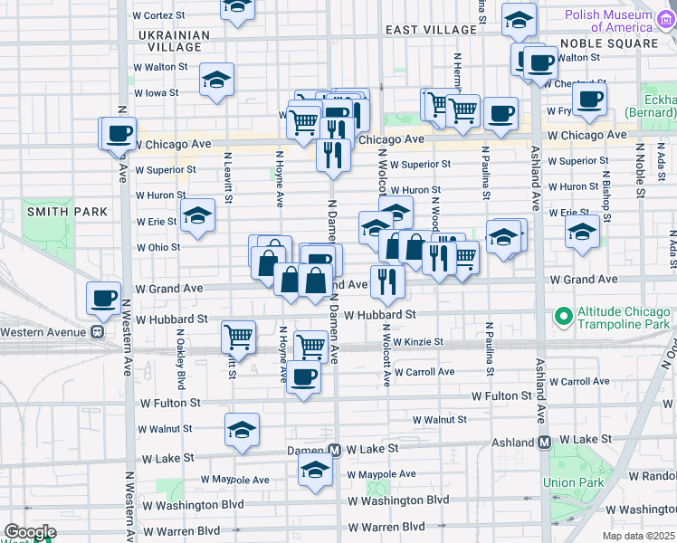 map of restaurants, bars, coffee shops, grocery stores, and more near 1953 West Ohio Street in Chicago
