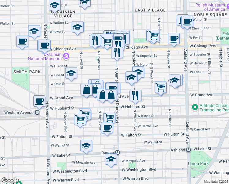 map of restaurants, bars, coffee shops, grocery stores, and more near 2025 West Ohio Street in Chicago