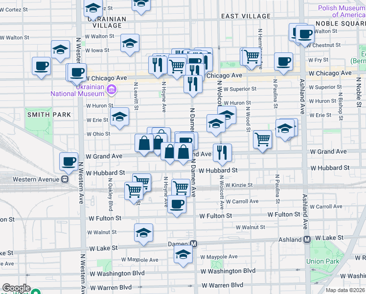 map of restaurants, bars, coffee shops, grocery stores, and more near 2025 West Ohio Street in Chicago