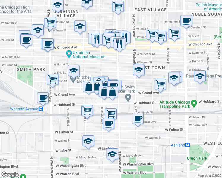 map of restaurants, bars, coffee shops, grocery stores, and more near 2025 West Ohio Street in Chicago