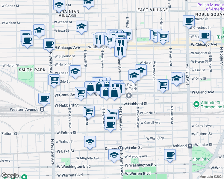 map of restaurants, bars, coffee shops, grocery stores, and more near 2025 West Ohio Street in Chicago