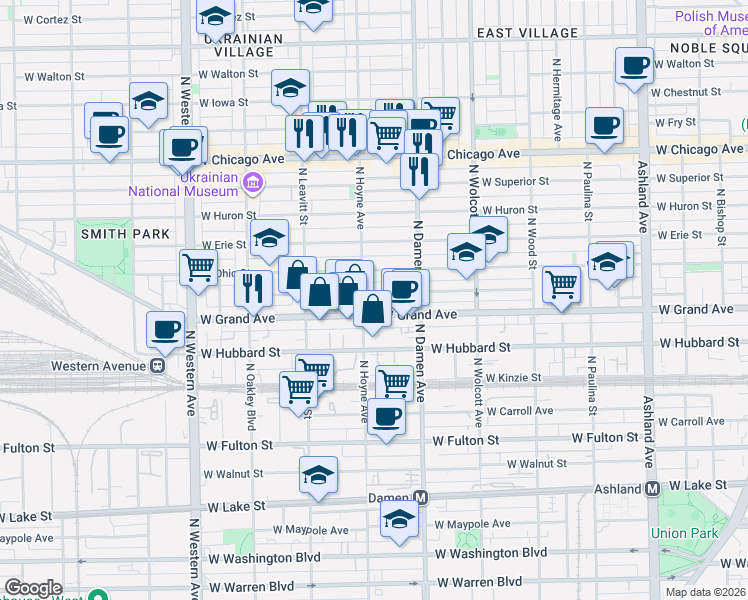 map of restaurants, bars, coffee shops, grocery stores, and more near 2101 West Ohio Street in Chicago