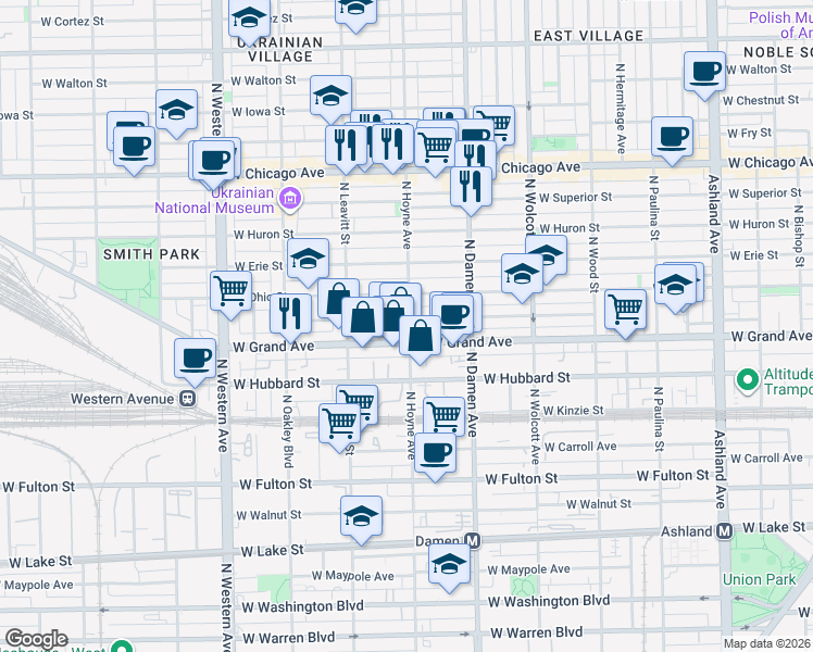 map of restaurants, bars, coffee shops, grocery stores, and more near 2101 West Ohio Street in Chicago