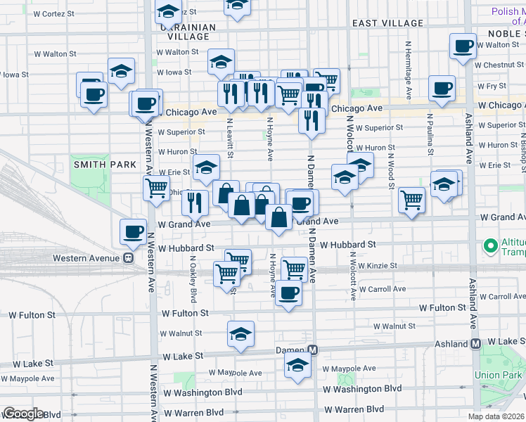 map of restaurants, bars, coffee shops, grocery stores, and more near 2101 West Ohio Street in Chicago