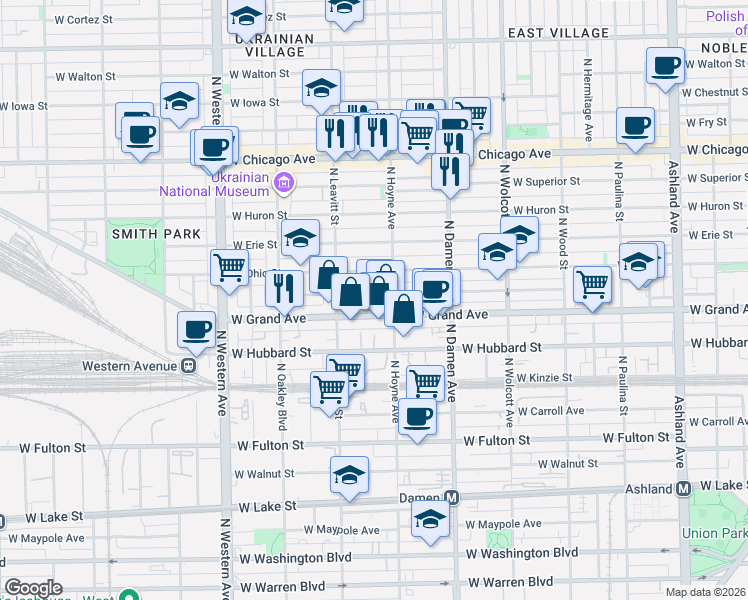 map of restaurants, bars, coffee shops, grocery stores, and more near 2101 West Ohio Street in Chicago