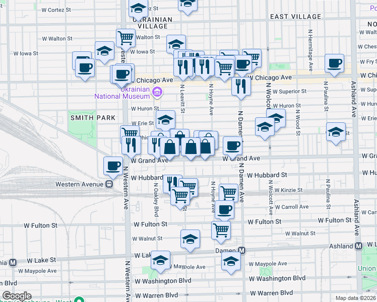 map of restaurants, bars, coffee shops, grocery stores, and more near 2141 West Ohio Street in Chicago