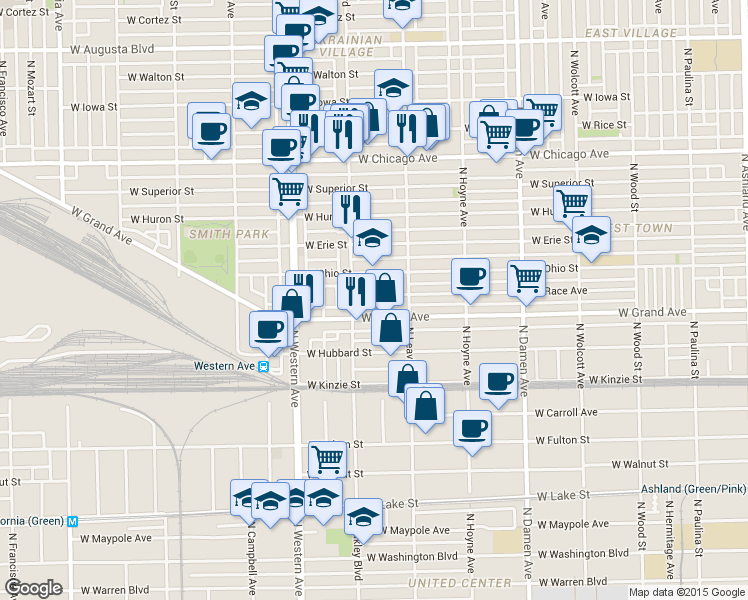 map of restaurants, bars, coffee shops, grocery stores, and more near 2233 West Ohio Street in Chicago