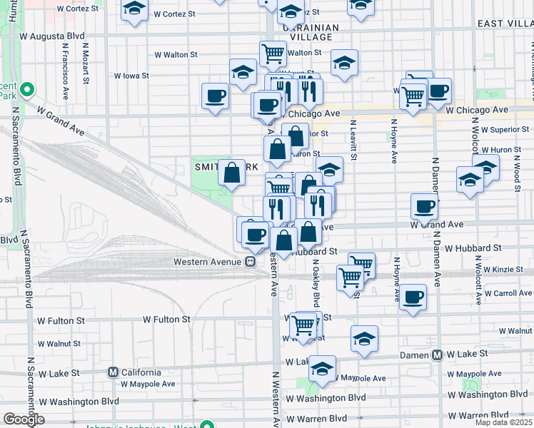 map of restaurants, bars, coffee shops, grocery stores, and more near 542 North Western Avenue in Chicago