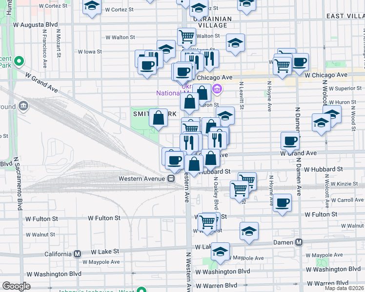 map of restaurants, bars, coffee shops, grocery stores, and more near 520 North Western Avenue in Chicago