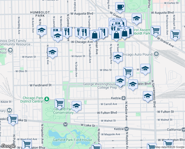 map of restaurants, bars, coffee shops, grocery stores, and more near 3424 West Ohio Street in Chicago