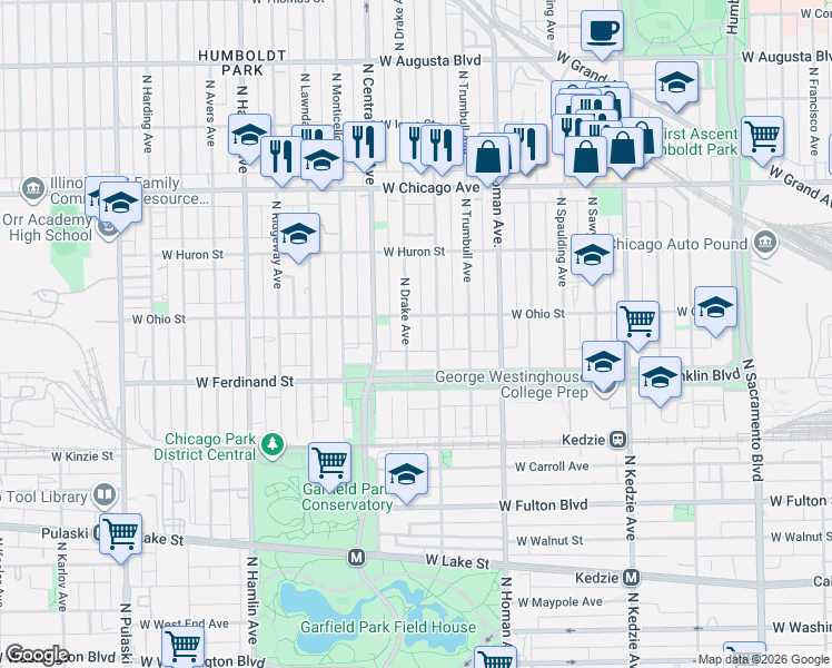 map of restaurants, bars, coffee shops, grocery stores, and more near 3500 West Ohio Street in Chicago