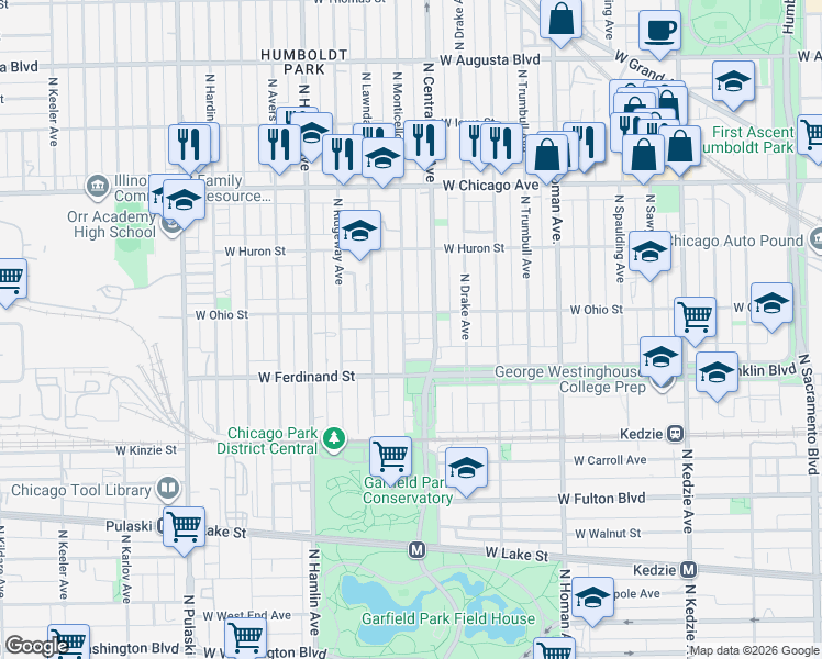 map of restaurants, bars, coffee shops, grocery stores, and more near 605 North Monticello Avenue in Chicago