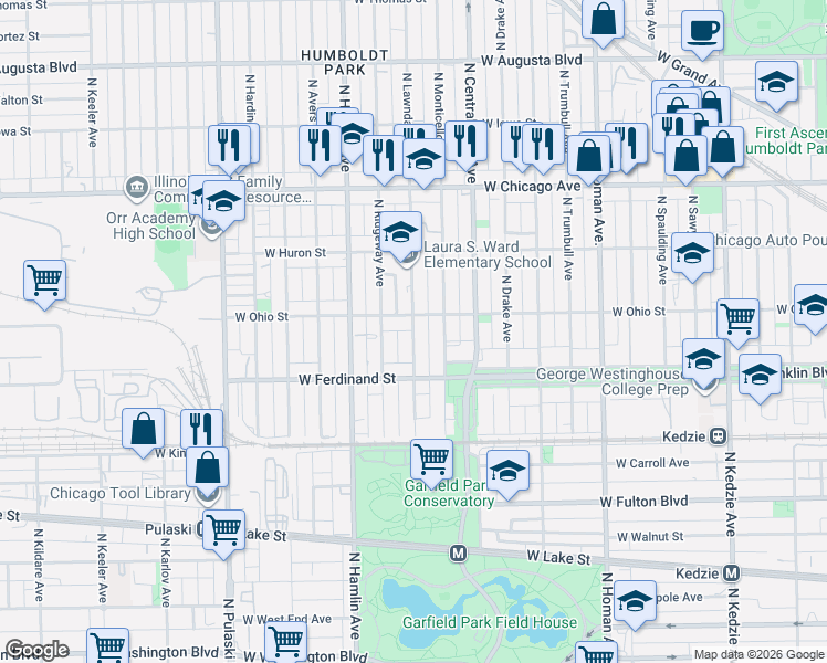 map of restaurants, bars, coffee shops, grocery stores, and more near 3658 West Ohio Street in Chicago