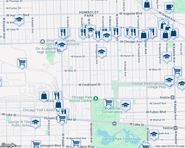 map of restaurants, bars, coffee shops, grocery stores, and more near 602 North Ridgeway Avenue in Chicago