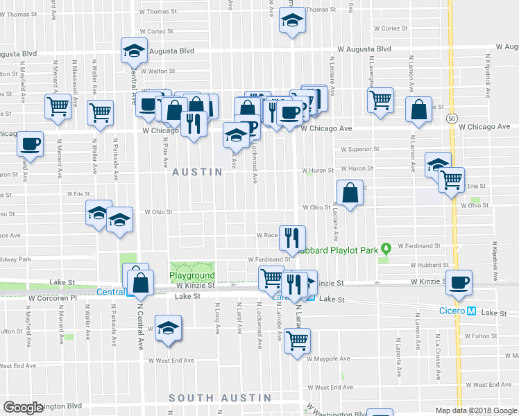 map of restaurants, bars, coffee shops, grocery stores, and more near 627 North Lockwood Avenue in Chicago
