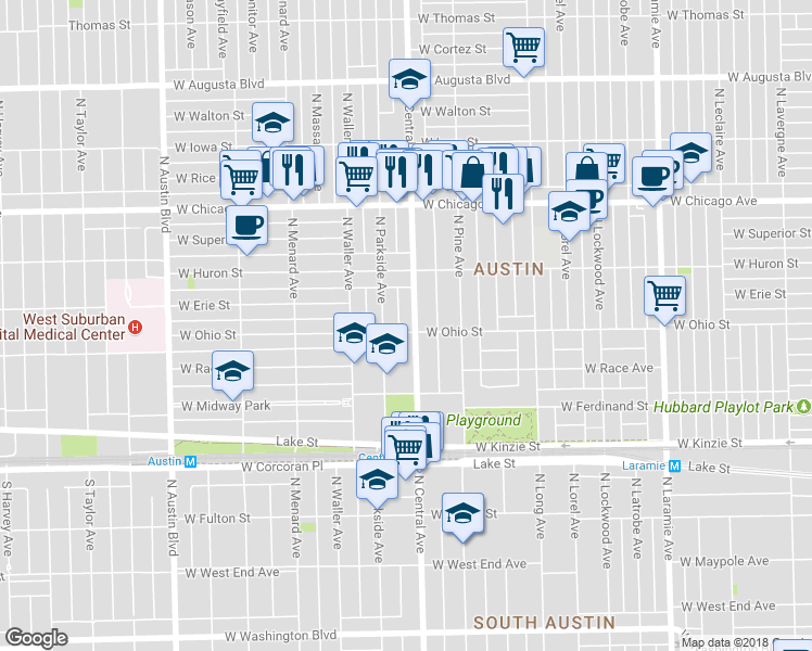 map of restaurants, bars, coffee shops, grocery stores, and more near 627 North Central Avenue in Chicago