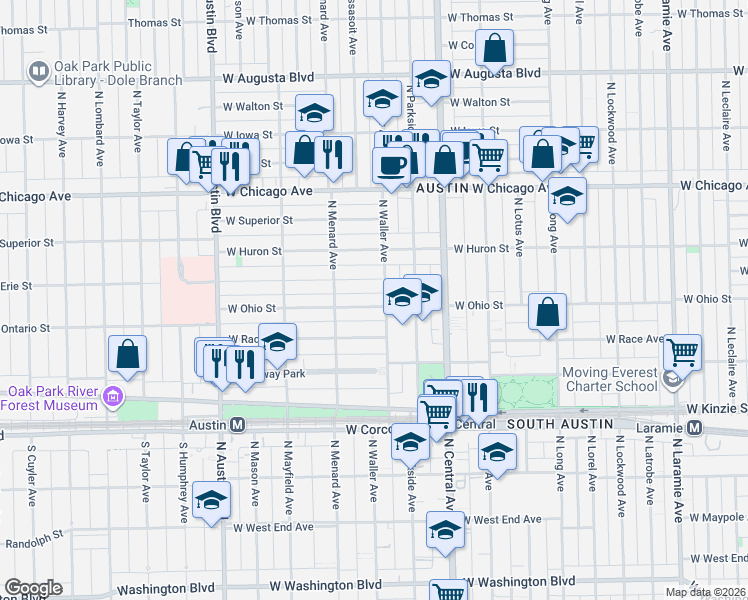map of restaurants, bars, coffee shops, grocery stores, and more near 5700 West Erie Street in Chicago