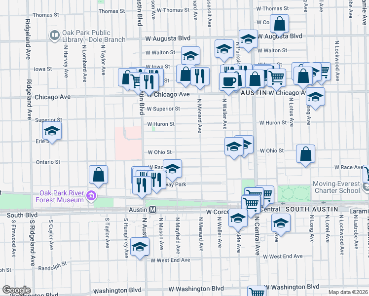map of restaurants, bars, coffee shops, grocery stores, and more near 5820 West Erie Street in Chicago