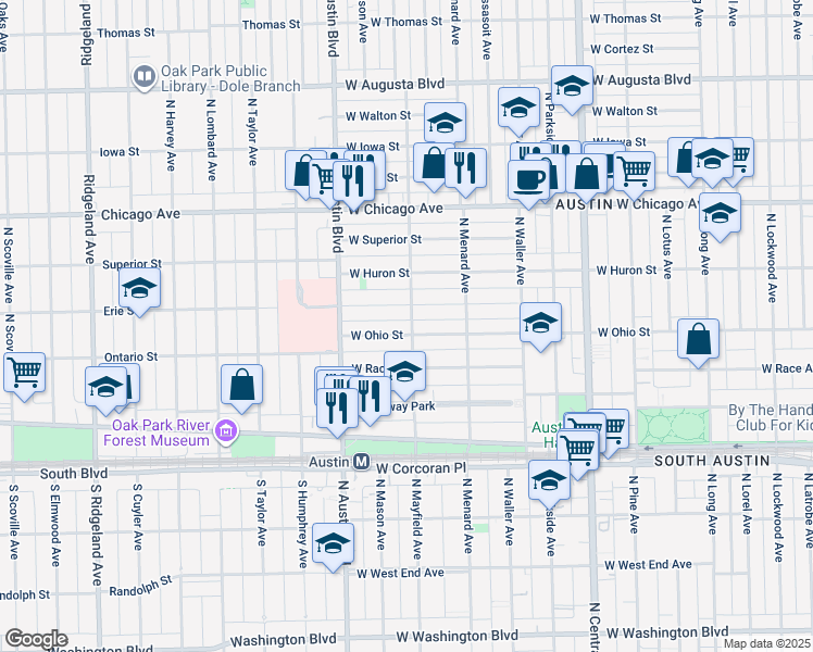 map of restaurants, bars, coffee shops, grocery stores, and more near 5906 West Erie Street in Chicago