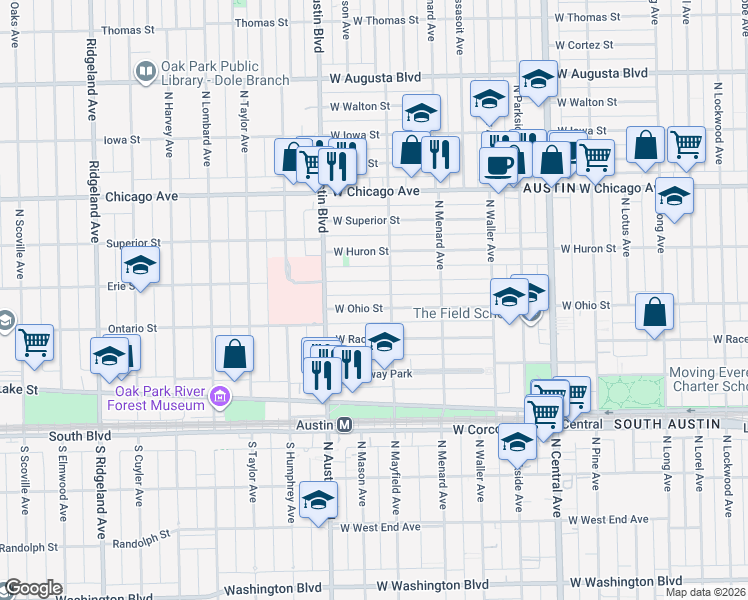 map of restaurants, bars, coffee shops, grocery stores, and more near 5906 West Erie Street in Chicago