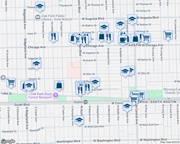map of restaurants, bars, coffee shops, grocery stores, and more near 5944 West Erie Street in Chicago