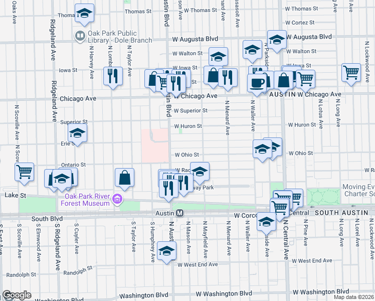 map of restaurants, bars, coffee shops, grocery stores, and more near 5944 West Erie Street in Chicago