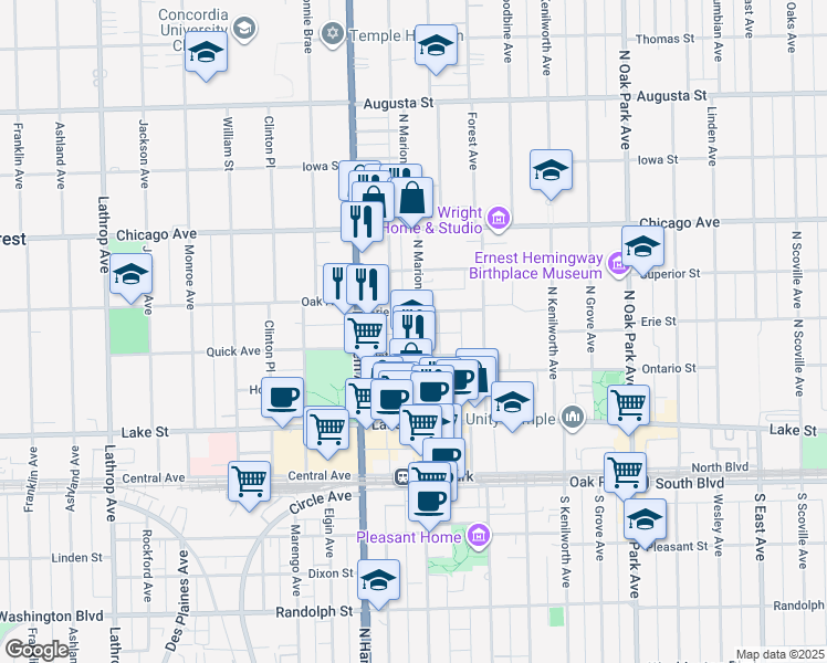 map of restaurants, bars, coffee shops, grocery stores, and more near 1040 Erie Street in Oak Park