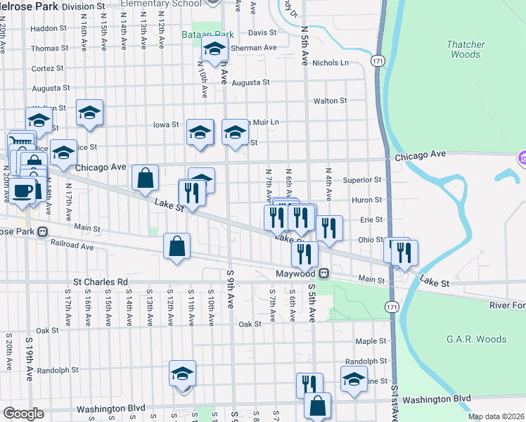 map of restaurants, bars, coffee shops, grocery stores, and more near 507 North 7th Avenue in Maywood