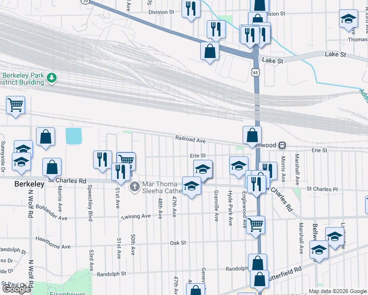 map of restaurants, bars, coffee shops, grocery stores, and more near 2 Railroad Avenue in Bellwood