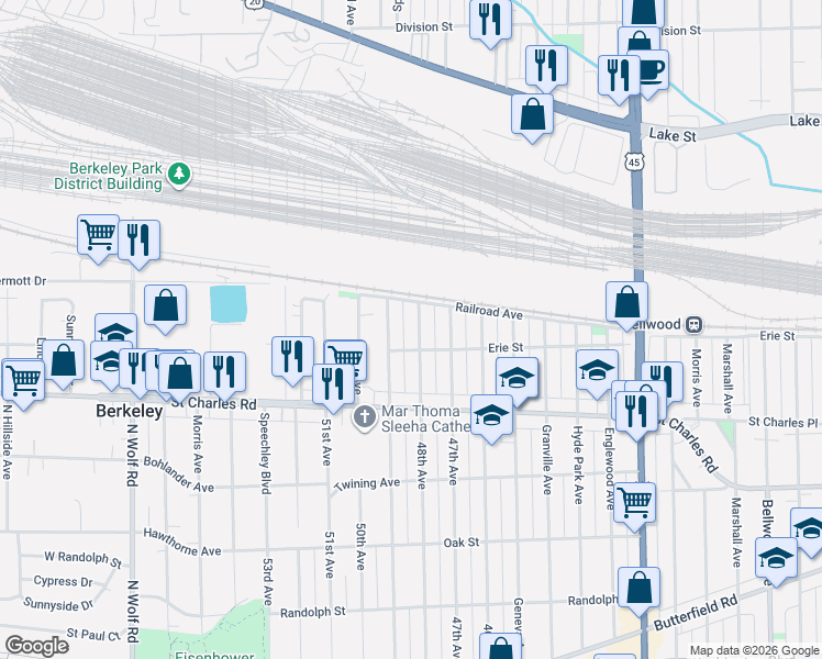 map of restaurants, bars, coffee shops, grocery stores, and more near 14 48th Avenue in Bellwood