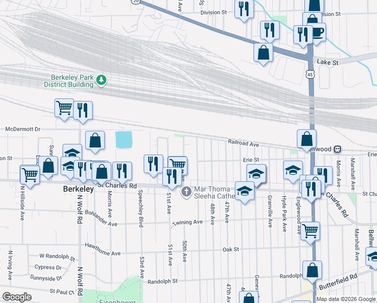 map of restaurants, bars, coffee shops, grocery stores, and more near 17 50th Avenue in Bellwood