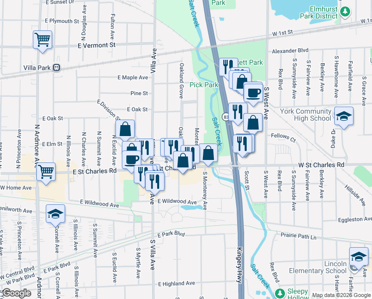 map of restaurants, bars, coffee shops, grocery stores, and more near 254 Monterey Avenue in Elmhurst