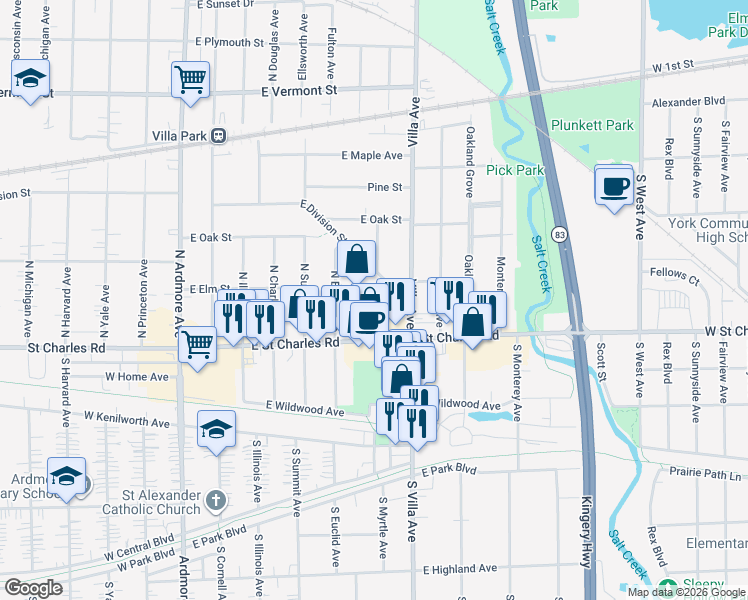 map of restaurants, bars, coffee shops, grocery stores, and more near 311 East Division Street in Villa Park