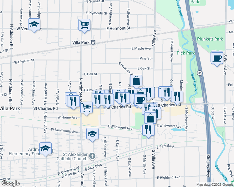 map of restaurants, bars, coffee shops, grocery stores, and more near 109 North Summit Avenue in Villa Park