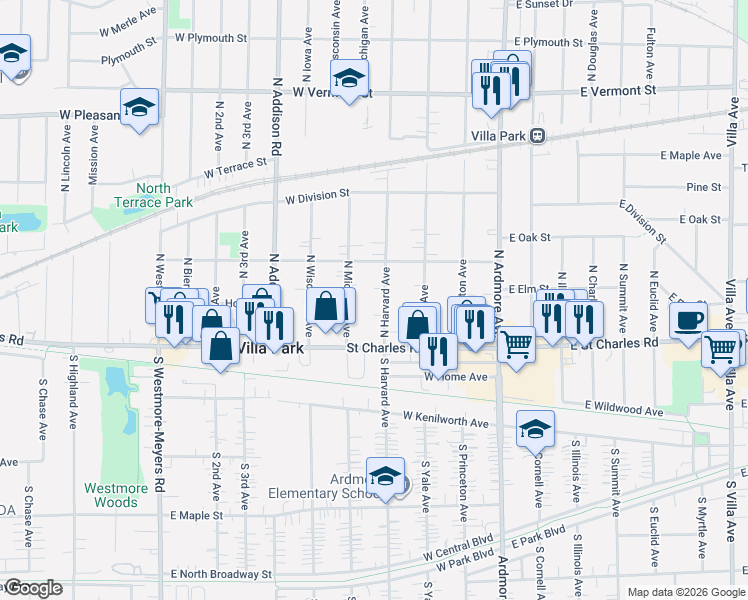 map of restaurants, bars, coffee shops, grocery stores, and more near 112 North Harvard Avenue in Villa Park