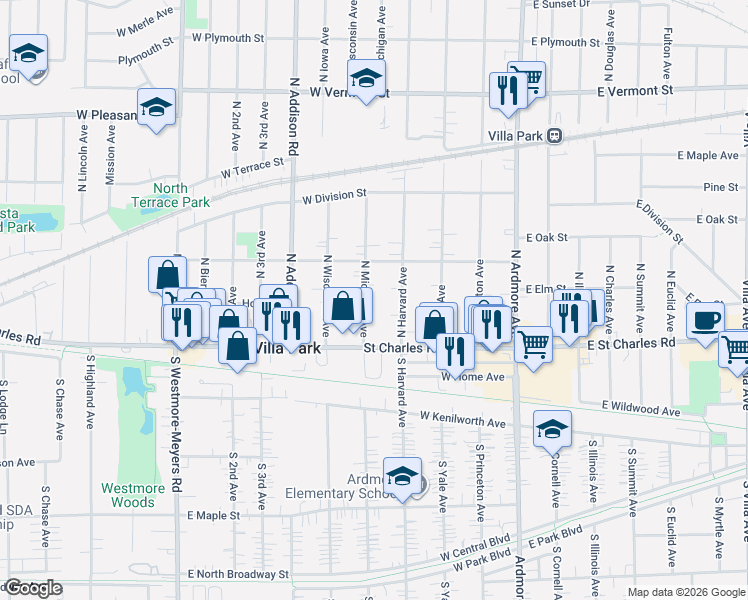map of restaurants, bars, coffee shops, grocery stores, and more near 109 North Michigan Avenue in Villa Park