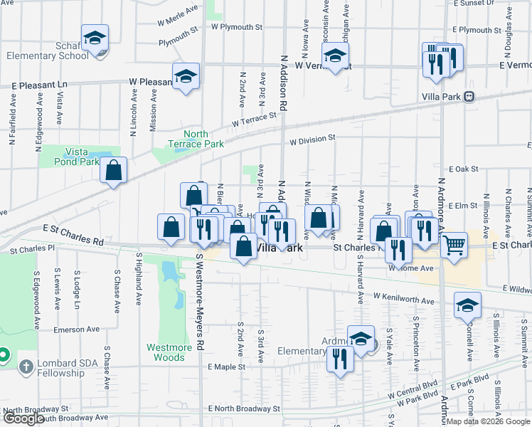 map of restaurants, bars, coffee shops, grocery stores, and more near 119 North 3rd Avenue in Villa Park