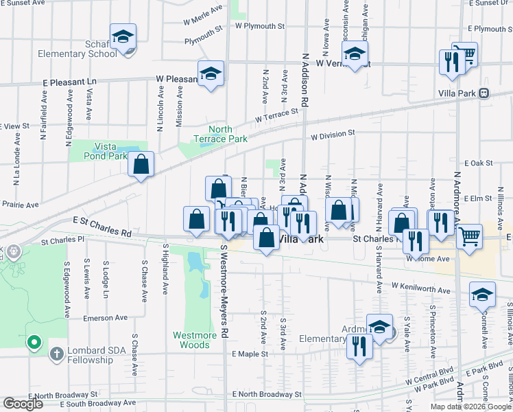 map of restaurants, bars, coffee shops, grocery stores, and more near 124 North 2nd Avenue in Villa Park