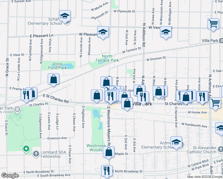 map of restaurants, bars, coffee shops, grocery stores, and more near 122 North Biermann Avenue in Villa Park