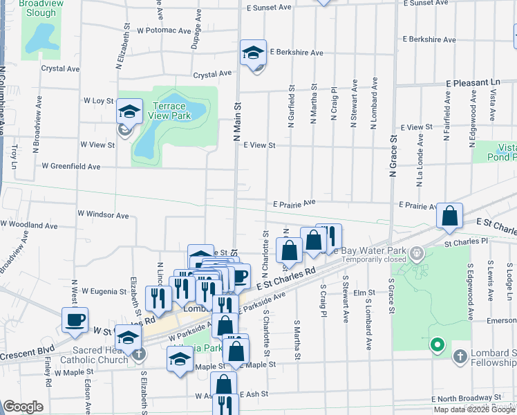 map of restaurants, bars, coffee shops, grocery stores, and more near 24 East Prairie Avenue in Lombard