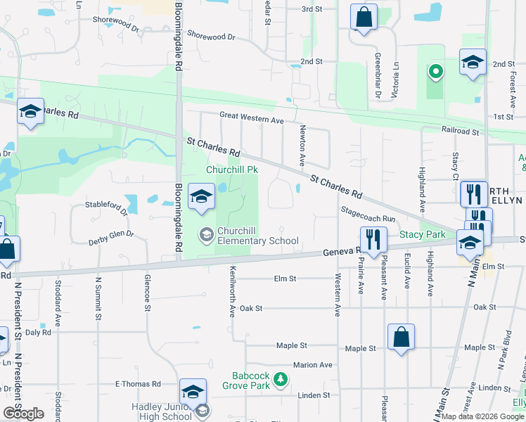 map of restaurants, bars, coffee shops, grocery stores, and more near 826 Saddlewood Drive in Glen Ellyn